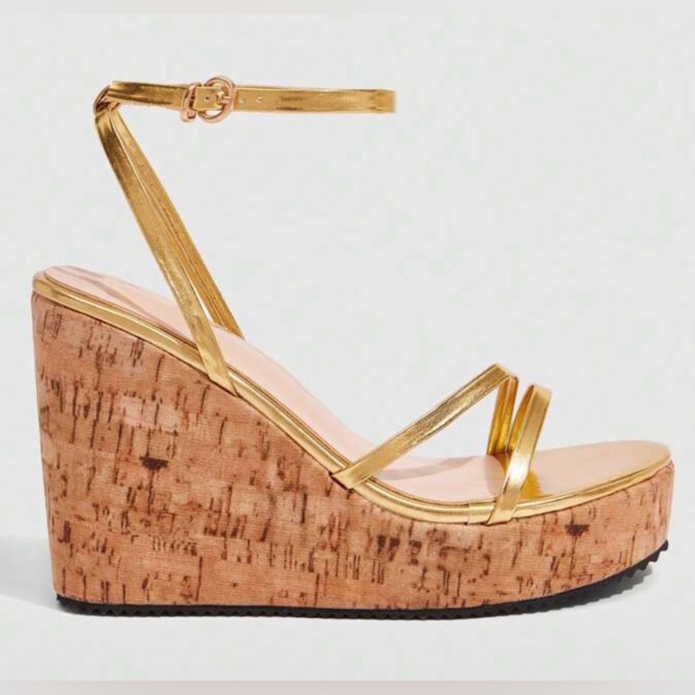 Gold Strappy Cork Wedge Heels, Sandals | 6.5 | New | 4.3” Heel, 1” Platform - Picture 7 of 8